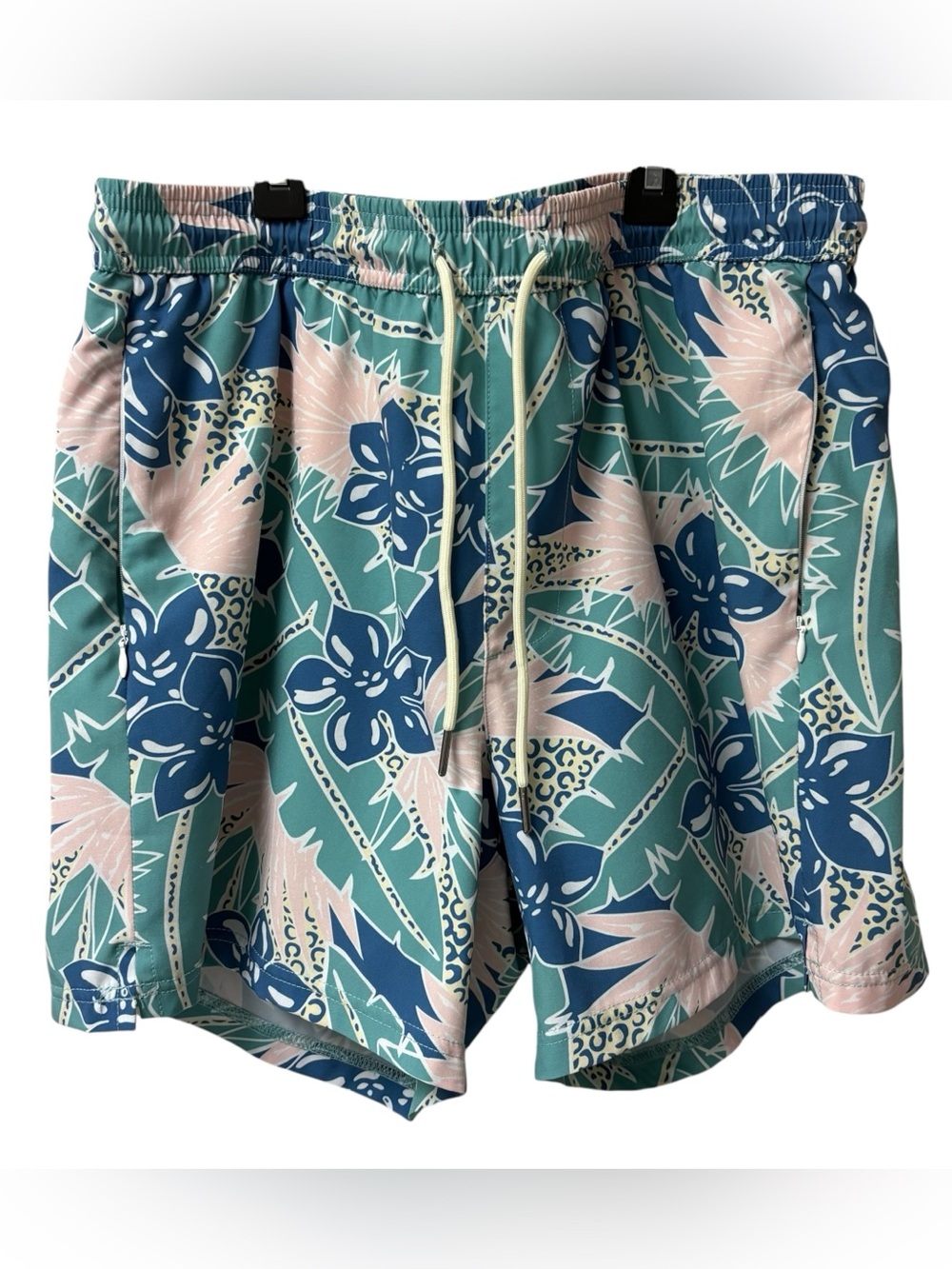 SURF CUZ Quick Dry Mens Swim Trunks Compression Lined 5” Green Tropical Forest L